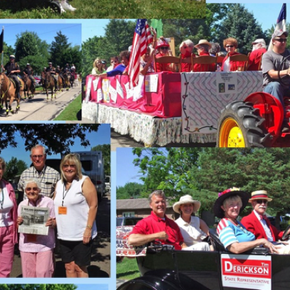 Clockwise from top left: Sheriff's mounted patrol; Methodist church float; Tim and Kelly Derickson - driven by John Clover; and Darr family descendants.